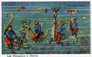Futuredays: Eine Vision des 19. Jahrhunderts vom Jahr 2000 - Serie „Im Jahr 2000“: Die Taucher zu Pferd (unter dem Meer). Chromolithographie von Villemard von French School