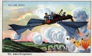 Futuredays: Eine Vision des 19. Jahrhunderts vom Jahr 2000 - Serie „Im Jahr 2000“: Ein Lufttorpedo - Chromolithographie von Villemard von French School