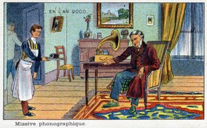 Futuredays: Eine Vision des 19. Jahrhunderts vom Jahr 2000 - Serie „Im Jahr 2000“: Fotografische Nachricht. Chromolithographie von Villemard von French School