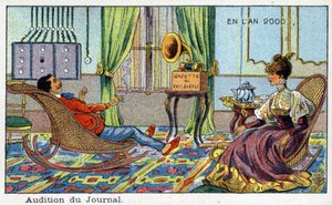 Futuredays: Eine Vision des 19. Jahrhunderts vom Jahr 2000 - Serie „Im Jahr 2000“: Anhörung der Zeitung (Radio). Chromolithographie von Villemard von French School