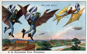 Futuredays: Eine Vision des 19. Jahrhunderts vom Jahr 2000 - Serie „Im Jahr 2000“: Eine Verfolgung eines Betrugs beim Zoll - Chromolithographie von Villemard von French School