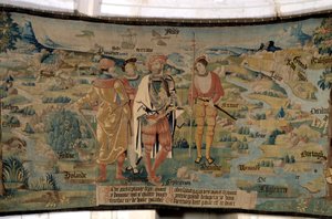 Galathes, Gründer von Gallien, umgeben von Gefährten vor einem Hintergrund, der die Karte von Gallien aus der Sicht des Nordens darstellt, mit Meeren und Flüssen, Namen der verschiedenen Regionen und Details der in diesen Regionen lebenden Tiere. Wandteppi