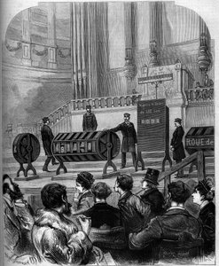 Glücksspiel: Ziehung der Nationalen Lotterie im Festsaal des Trocadero am 6. Januar 1879 in Paris. Gravur in „Le Monde Illustré“ Nr. 1140 vom 1. Februar 1879