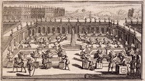 Gärtner arbeiten in einem Orangenhain, aus Le Parfait Jardinier, ou Instruction pour les Jardins Fruitiers et Potager, von Jean de la Quintinye, veröffentlicht 1695 von French School