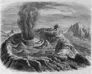 Gasausbruch des Antujo-Vulkans in Chile. Gravur von Freeman in „The Picturesque Magasin“ von French School