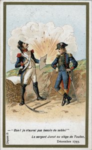 General Jean Andoche Junot (Jean-Andoche) (1771-1813), Herzog von Abrantes, schreibt einen Brief für Napoleon Bonaparte bei der Belagerung von Toulon im Dezember 1793. Eine britische Kugel bedeckte das Papier von Unteroffizier Jugnot mit Erde: „Nun,“ sagte