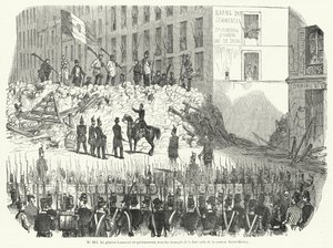 General Lamoriciere verhandelt mit bewaffneten Arbeitern, die ihre Barrikade vor der Saint Martin Kaserne verteidigen, Paris, 23. Juni 1848 (Stich) von French School