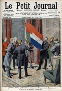 General Pieter Willem Botha (ein Bure) präsentiert die neue Flagge des Transvaal (Südafrika) dem englischen Kolonialminister Lord Elgin - In „Le Petit Journal“ vom 21. Juli