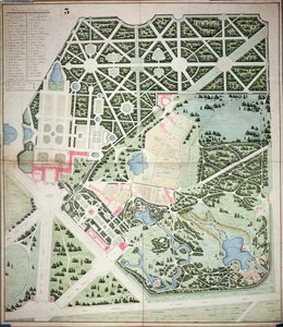 Allgemeiner Plan der Parks der beiden Trianon-Paläste, Versailles, frühes 19. Jahrhundert (Feder & Tinte und Aquarell auf Papier) von French School