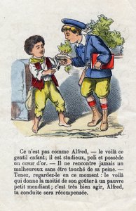 Großzügigkeit. Kind gibt einem kleinen Bettler die Hälfte seines Geschmacks. Alphabet der kleinen Jungen. Abecedarium mit moralischem Wert, das Leseübungen enthält. Bild von Epinal, Ende des 19. Jahrhunderts von French School