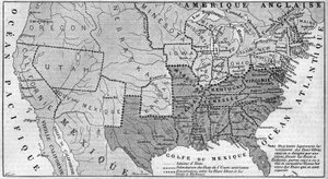Geografische Karte der Vereinigten Staaten von Amerika im März 1861. Sklavenstaaten sind in Rot dargestellt. In Weiß die Namen der sieben konföderierten Staaten, die sich von der Union getrennt haben: Texas, South Carolina, Mississippi, Florida, Alabama, G