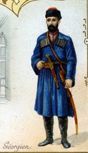 Georgischer Mann. Edition der Pariser Lithographie, Ende des 19. Jahrhunderts. Serie von 25 Werbechromos für die Dijon-Herstellung von Biscuits Pernot, gegründet 1869. Detail der Figuren in traditioneller Tracht von French School