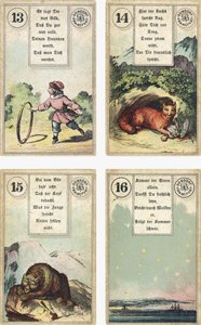 Deutsche Ausgabe des Lenormand französischen Kartendecks: Das Kind, Der Fuchs, Der Bär, Der Stern, veröffentlicht von Dondorf, Frankfurt, 19. Jahrhundert