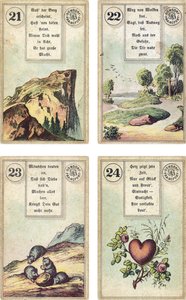 Deutsche Ausgabe des Lenormand französischen Kartendecks: Der Berg, Der Weg, Die Mäuse, Das Herz, veröffentlicht von Dondorf, Frankfurt, 19. Jahrhundert