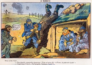 Deutscher Soldat von französischen Soldaten gefangen genommen, Karikatur aus der April-Ausgabe von La Baionette, 29. März 1917