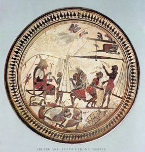 Griechischer Becher, der Arkesilaos II., König von Kyrene (ca. 560-550 v. Chr.) zeigt, der das Wiegen und Laden von Silphium beobachtet, Kopie eines Originals aus dem 6. Jahrhundert v. Chr.