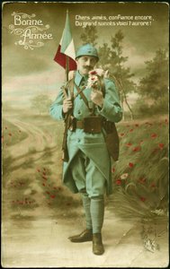 Grußkarte für das Jahr 1916. Ein Soldat trägt die französische Flagge mit einem Gewehr und riecht den Duft eines Blumenstraußes in einer ländlichen Landschaft. Farbige Postkarte für die Wünsche des Jahres 1916. von French School