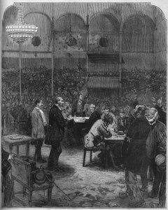 Streik der Kutscher von Paris im Jahr 1878: Wahl der Delegierten zur Gesellschaft der Petites Cars im Zirkus Fernando. Gravur in „Le Monde Illustré“ Nr. 1116 vom 17. August 1878.