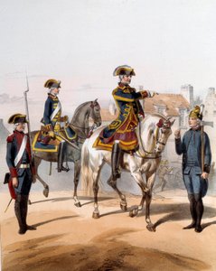 Wachen der Stadt Paris (Gehwache, Pferdewache, Wächter, Pumpenwache). Gravur aus dem 19. Jahrhundert.
