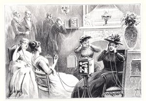 Gäste in einem Pariser Hotel hören direkte Übertragungen von Opern- oder Theateraufführungen auf Marinovitchs und Szarvadys Theatrophone, aus La Nature, veröffentlicht 1892 von French School