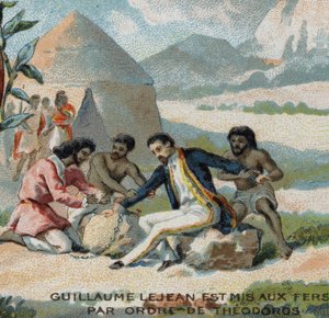 Guillaume Lejean, ein französischer Entdecker, wurde auf Befehl von Kaiser Theodoros von Abessinien (heutiges Äthiopien) in Ketten gelegt. Chromolithographie aus dem 19. Jahrhundert. von French School