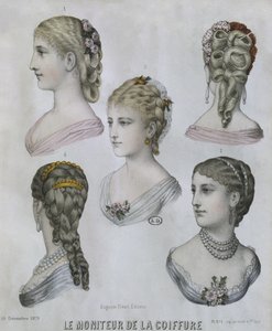 Frisuren, Illustration aus Le Moniteur de la Coiffure, 10. Dezember 1879 (Farbstich)