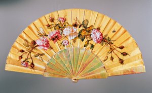 Handfächer mit Rosen und Insekten, Seide und Perlmutt, erstellt von Felix Alexandre, Paris, ca. 1870