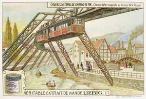 Hängebahn über dem Fluss Wupper, Werbekarte für Veritable Extrait de Viande Liebig von French School