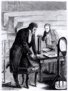 Hans Christian Oersted entdeckt die Abweichung der Magnetnadel durch geschlossenen Stromkreis, aus Les Merveilles de la Science von Louis Figuier, 1867