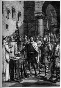 Harold, König der Engländer, schwört Wilhelm, Herzog der Normandie (Wilhelm I.), Treue - Harold II. (1020-1066), letzter angelsächsischer König, gekrönt 1064, schwört auf die heiligen Reliquien vor Wilhelm I. dem Eroberer, seine Sache auf dem Thron von Eng