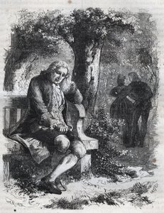 Er hörte das Flüstern eines Kusses. Der Schweizer Philosoph Jean Jacques (Jean-Jacques) Rousseau (1712-1778) überrascht seine Gefährtin Marie-Therese (Marie Therese) Le Vasseur (Levasseur) (1721-1801) beim Ehebruch. Gravur von 1871 in „Histoire Des Cocuses