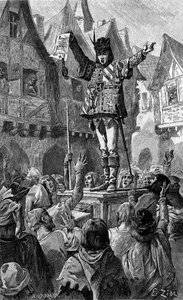 Er hielt eine Schriftrolle in der Hand. Gravur zur Illustration des Romans „Pour la patrie!“ von Josephine Colomb. In „Le Journal de la jeunesse“ von French School