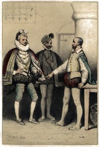 Heinrich III. (1551-1589), König von Frankreich, besucht Bernard Palissy, Keramiker, der in der Bastille eingesperrt ist. In „Scenes de la vie des hommes famous“ Gravur in zwei Farben von Valerio. 1843 von French School
