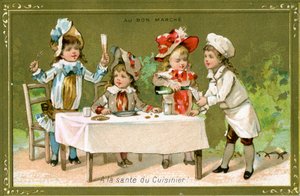 Auf den Koch!, Werbekarte des Bon Marché Kaufhauses, ca. 1890