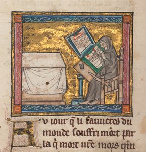 Einsiedler schreibt an einem Schreibtisch, Miniatur aus "Estoire del Saint Graal, La Queste del Saint Graal, Morte Artu", ca. 1315-25