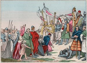 Geschichte Galliens im Mittelalter: Germanische Sachsen knien vor König Karl dem Großen (742-814), Sieger der Kriege - Gravur aus dem späten 19. Jahrhundert in „Unsere Nationalen Ruhmestaten - Bilder und Erzählungen“.