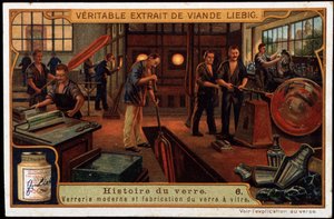 Geschichte des Glases: Moderne Glaswaren und Glasherstellung Ende des 19. Jahrhunderts. Späte 19. Jahrhundert Liébig Chromolithographie von French School