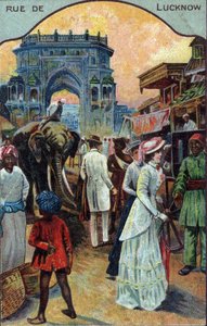 Geschichte des Tourismus: Westliche Touristen in einer Straße von Lucknow, Indien (Chromolithographie des 19. Jahrhunderts) von French School