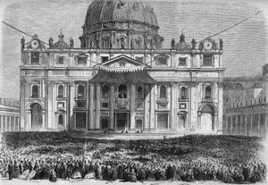 Karwoche in Rom: Blick auf den Petersplatz in Rom (Piazza San Pietro) während des Segens „urbi et orbi“ am Gründonnerstag und Ostersonntag. Gravur in Le Monde Illustré Nr. 526 vom 11. Mai 1867. von French School