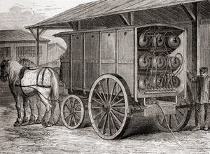 Pferdewagen zum Transport von komprimiertem Gas in tragbaren Behältern im 19. Jahrhundert, aus Les Merveilles de la Science, veröffentlicht ca. 1870 von French School