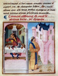 Wie Enthaltsamkeit die Ursache vieler Güter ist: links ein Mann, der Gier und übermäßiges Trinken darstellt, und rechts ein nüchterner Mann, der Tugend nährt und das Fleisch beherrscht. Miniatur aus Le livre de bonnes moeurs de Jacques Legrand von French School