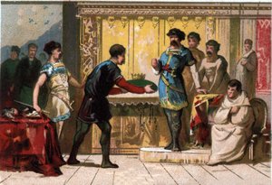 Hugo der Große (897-956) krönt Raoul oder Rudolf von Burgund (ca. 890 - 936), Herzog von Burgund und König von Frankreich. Chromolithographie aus dem späten 19. Jahrhundert von French School