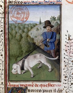 Jagdhund an einer Leine - aus „Book of Hunting by Gaston Phoebus, Count of Foix, Lord of Béarn“ von French School
