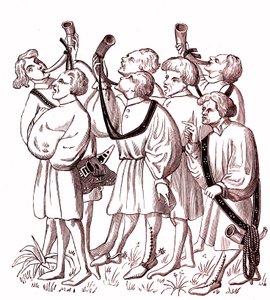 Jagdhornbläser (15. Jahrhundert) - Nachbildung einer Miniatur aus dem Manuskript von Gaston Phebus (1331-1391) von French School