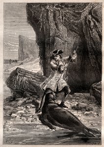 Ich stieß meine Schaufel in seine Brust: Woodes Rogers (1679-1732) wird 1709 auf einer der Galapagos-Inseln im Pazifischen Ozean von einem Seelöwen (Robbe) angegriffen - Illustration aus „Die großen Seefahrer des 18. Jahrhunderts“ von French School