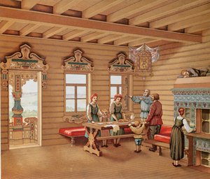 Idealisiertes Interieur einer russischen Izba, ca. 1880