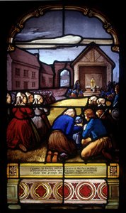 Ignace Le Garrec, Vikarpriester in Kerlaz während der Revolution, feiert eine letzte Pfarrmesse in einer Scheune in Caouët, Januar 1793 - Glasfenster der St. Germain Kirche in Kerlaz