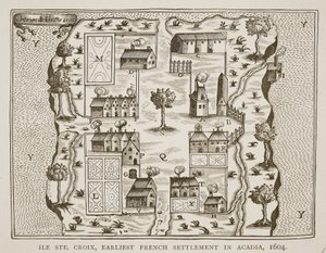 Île Ste. Croix, die früheste französische Siedlung in Akadien, 1604, aus Voyages von Samuel de Champlain (ca. 1580-1635), 1613