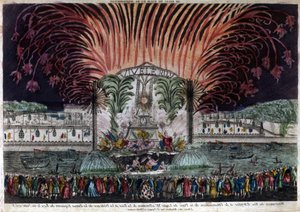 Beleuchtung und Feuerwerk auf dem Place Louis XV in Paris anlässlich des Friedens und der Einweihung der Reiterstatue des Königs am 22. Juni 1763. Private Sammlung von French School