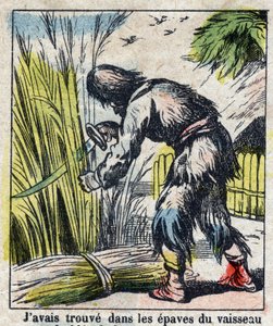 Illustration für das Buch von Daniel Defoe „Robinson Crusoe“. Epinal-Bild aus dem späten 19. Jahrhundert